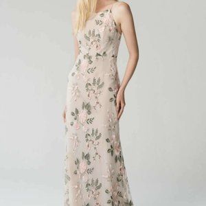 NEW WITH TAGS, JENNY YOO CLAIRE FLORAL EMBROIDERED GOWN IN BLUSH SAND DUNE, SZ 8